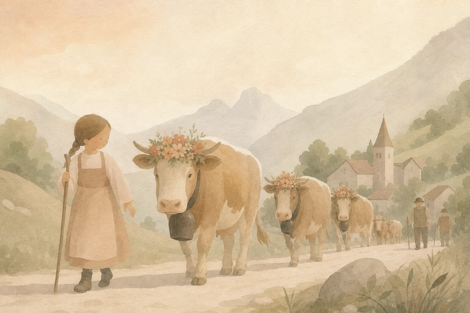La désalpe : raconte la descente des troupeaux et les vaches couronnées de fleurs de ton enfance