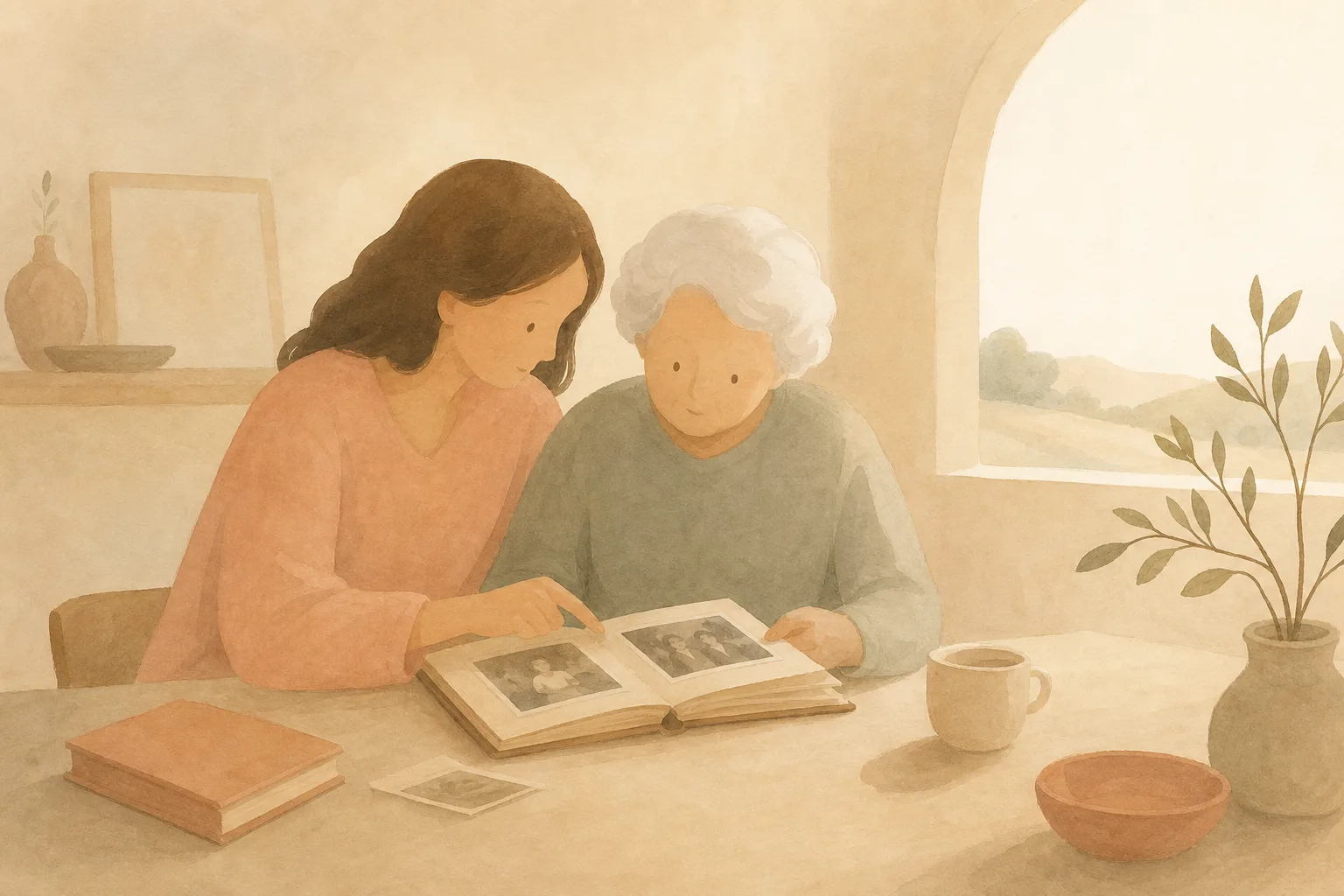 Une tasse de café et des spéculoos posés près d'une fenêtre, ambiance de conversation familiale